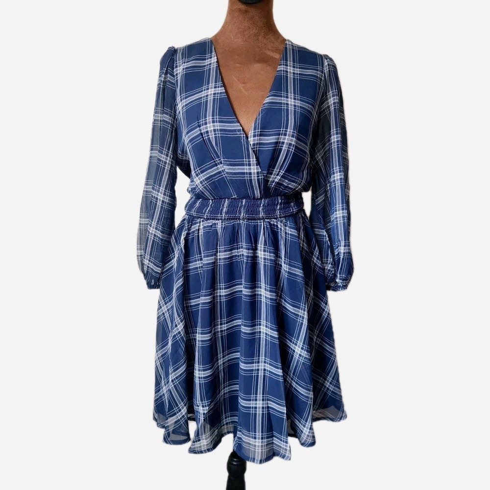 Lulu's Dress Size S Navy Blue White Plaid Chiffon 3/4 Sleeve Skate Mini - Picture 2 of 8